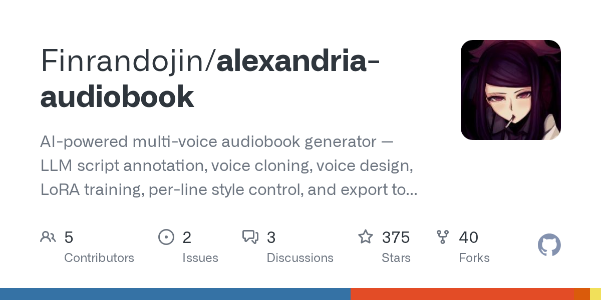 GitHub - Finrandojin/alexandria-audiobook: AI-powered multi-voice audiobook generator — LLM script annotation, voice cloning, voice design, LoRA training, per-line style control, and export to MP3, chaptered M4B, or Audacity multi-track. Built on Qwen3-TTS.
