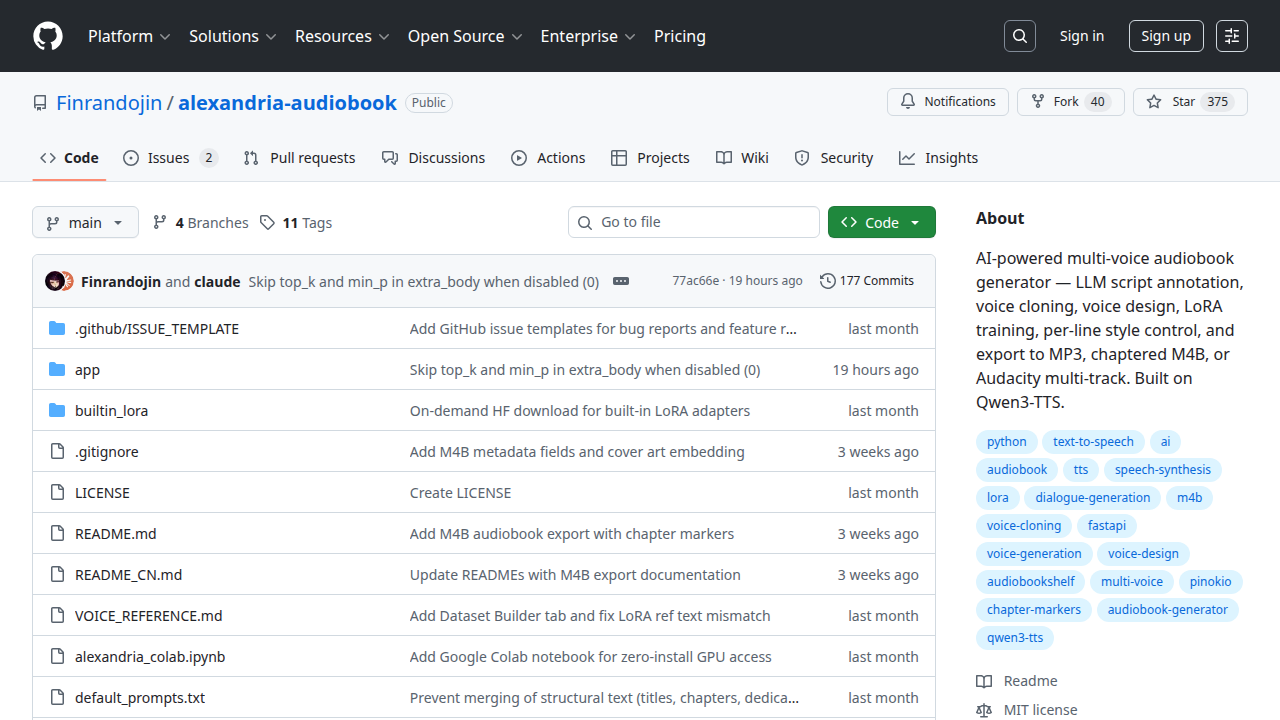 GitHub - Finrandojin/alexandria-audiobook: AI-powered multi-voice audiobook generator — LLM script annotation, voice cloning, voice design, LoRA training, per-line style control, and export to MP3, chaptered M4B, or Audacity multi-track. Built on Qwen3-TTS.
