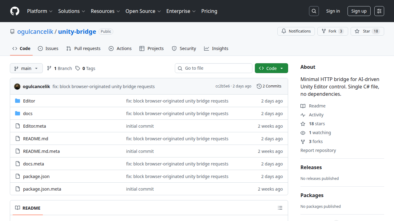 GitHub - ogulcancelik/unity-bridge: Minimal HTTP bridge for AI-driven Unity Editor control. Single C# file, no dependencies.