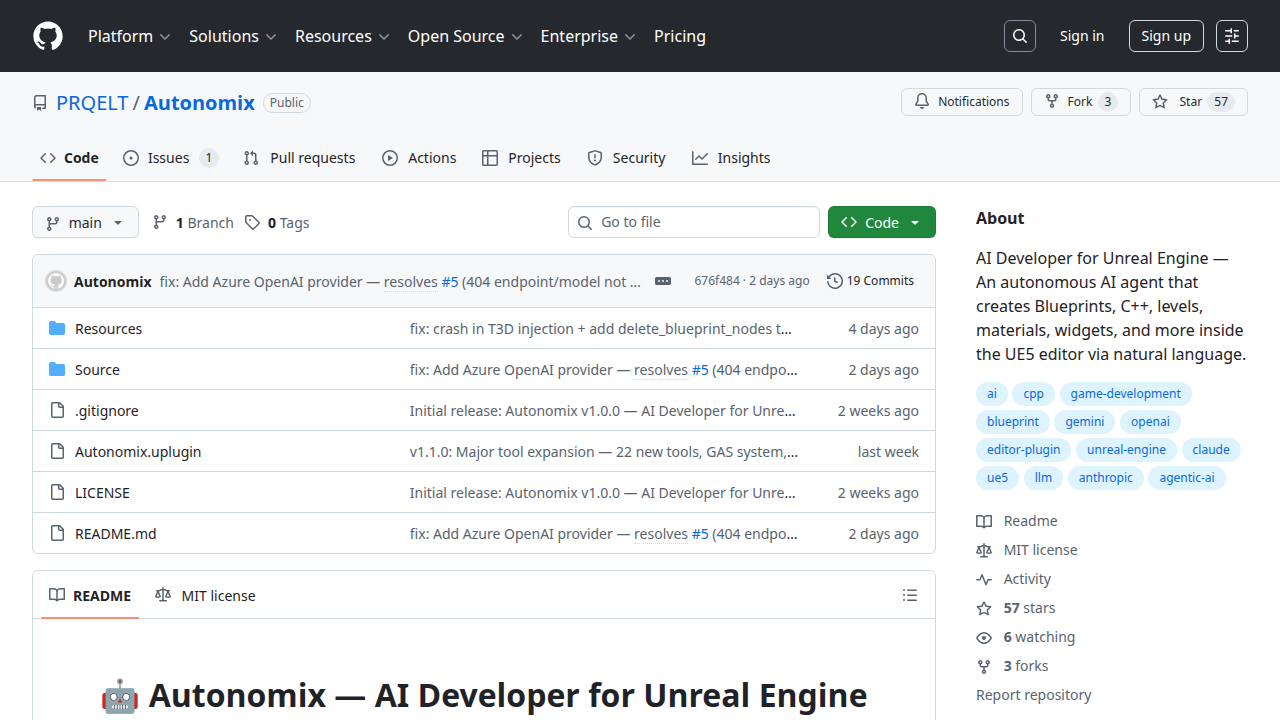 GitHub - PRQELT/Autonomix: AI Developer for Unreal Engine — An autonomous AI agent that creates Blueprints, C++, levels, materials, widgets, and more inside the UE5 editor via natural language.