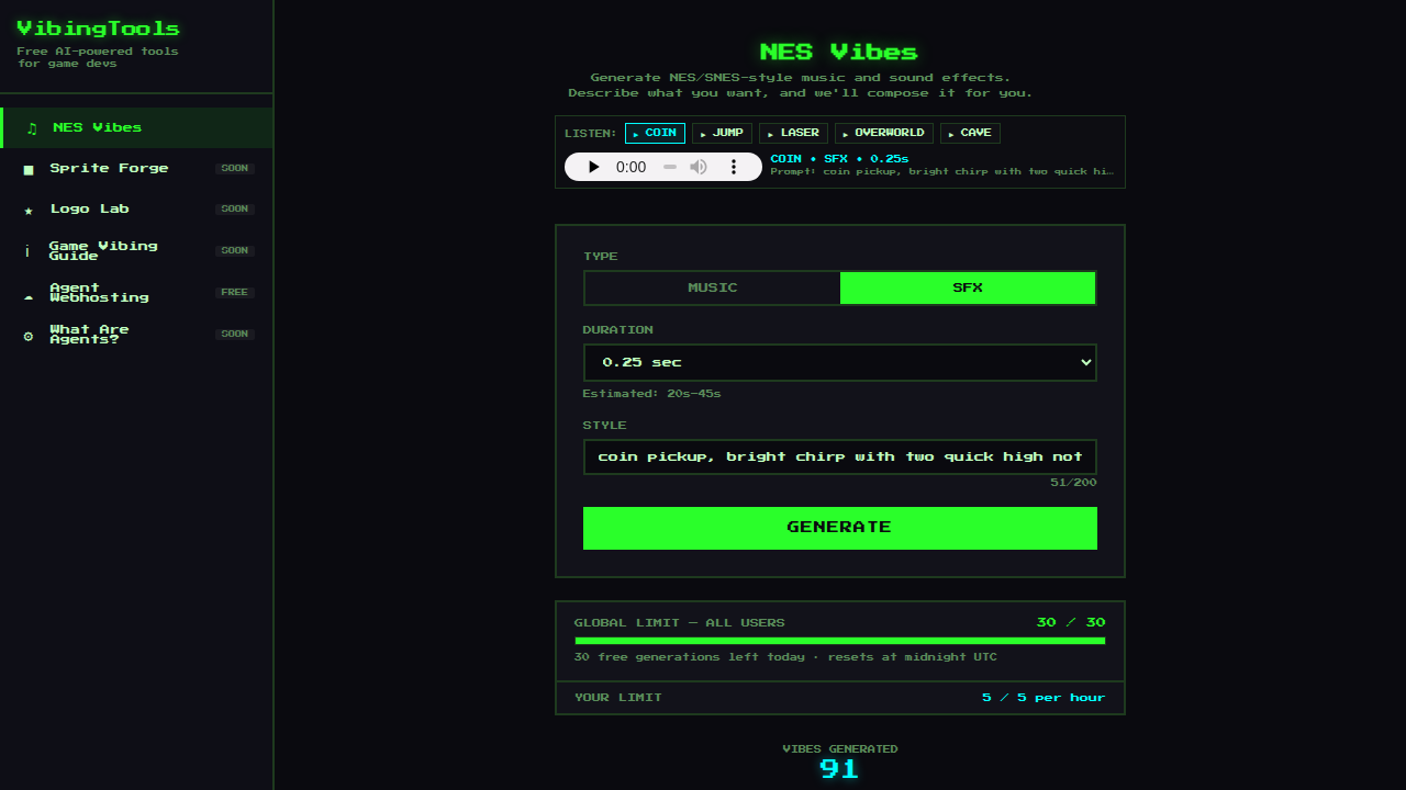 NES Vibes — Free AI Retro Music & SFX Generator | VibingTools